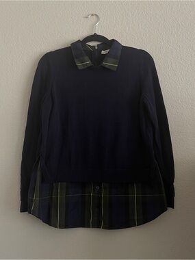 Foxcroft Layered Navy Sweater with Plaid Hem and Collar